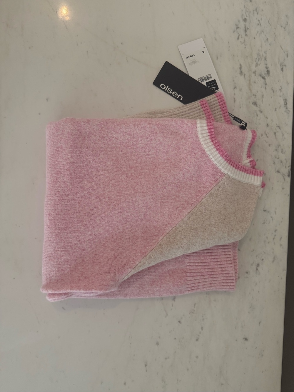 Olsen Pink and Cream Colorblock Crewneck Sweater